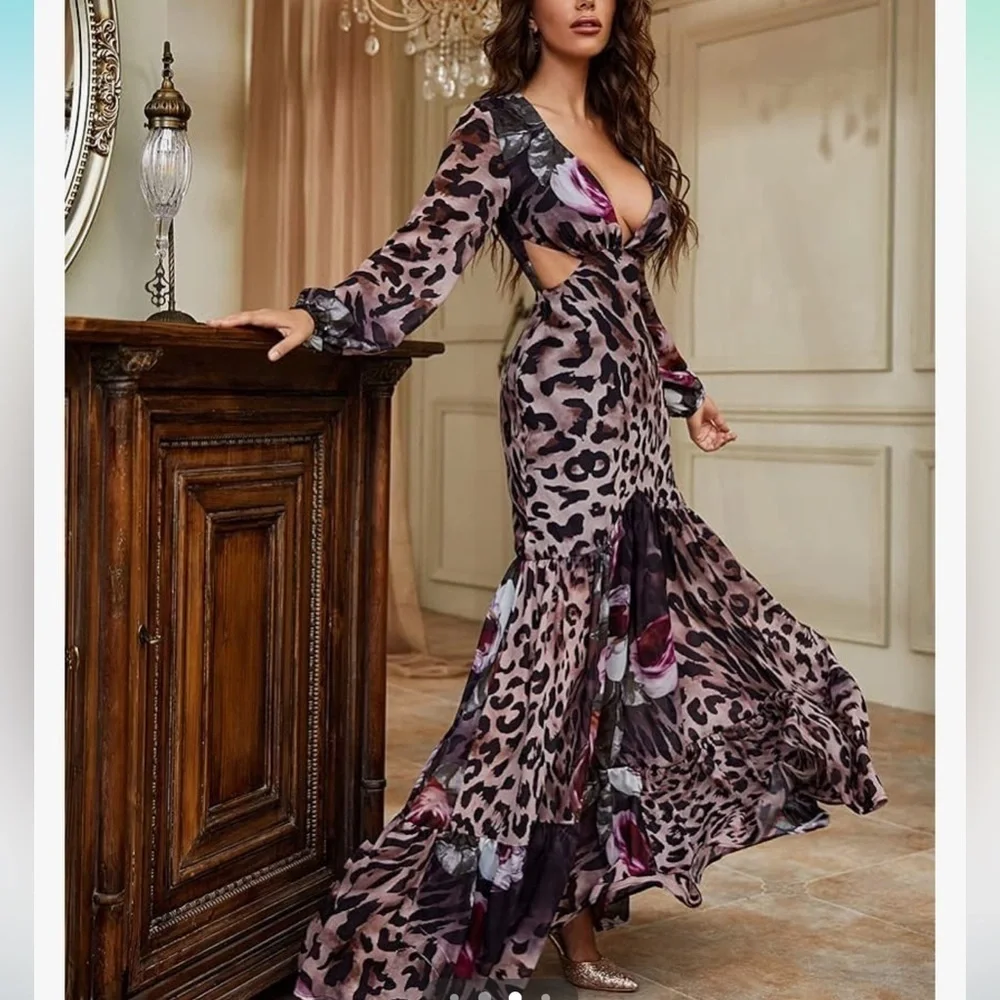 Giffniseti Leopard Floral Print Long Sleeve Ruffle Hem Maxi Dress NWT - Picture 3 of 16